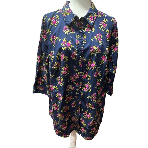 Woman Within Button Up Top L 18/20 Blue Floral 3/4 Sleeves Cotton Mature Casual - Picture 1 of 7